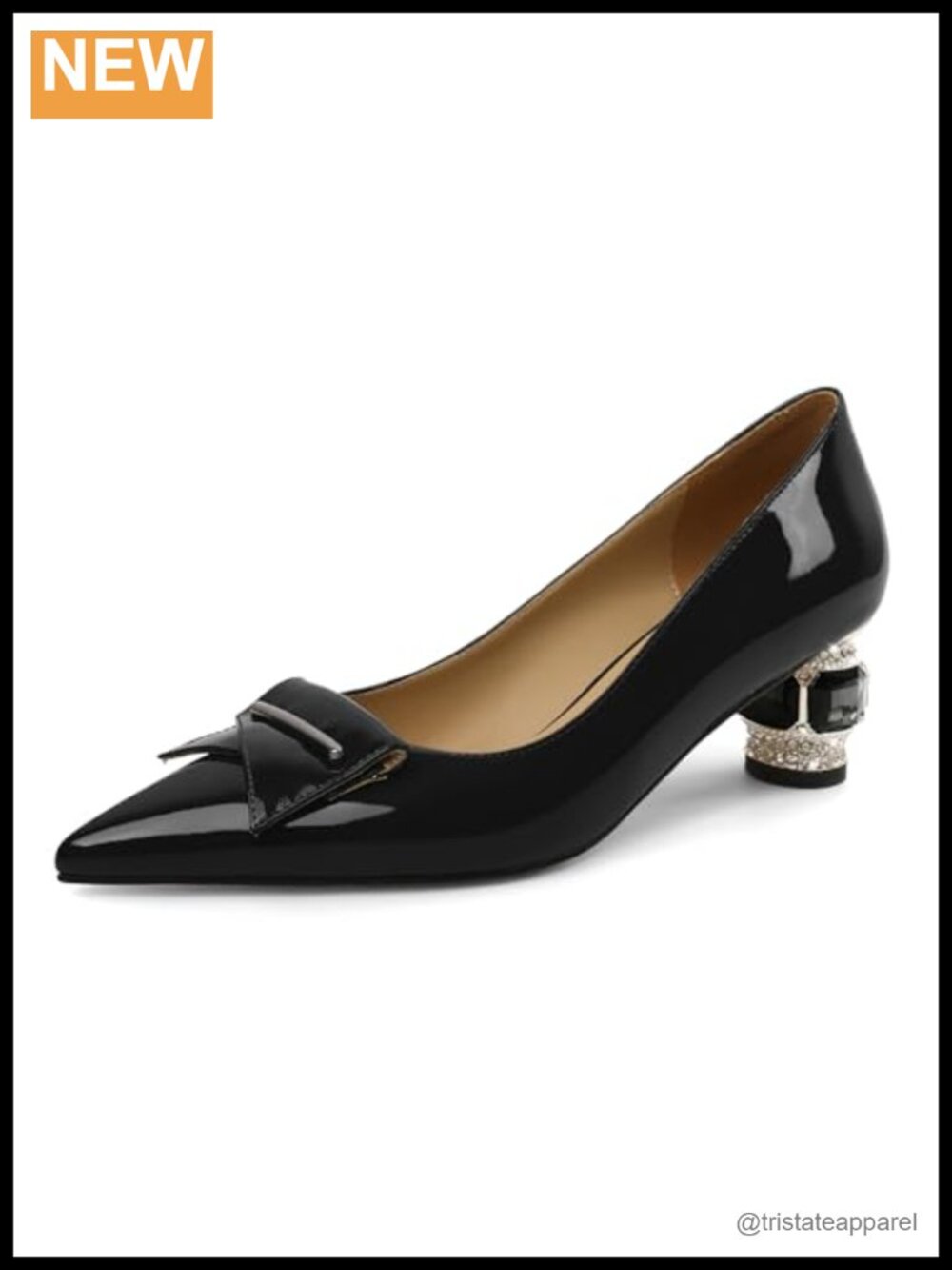 Crystal Kitten Heel Pumps Slip On Pointed Toe Faux Leather Low Heel Rhinestone